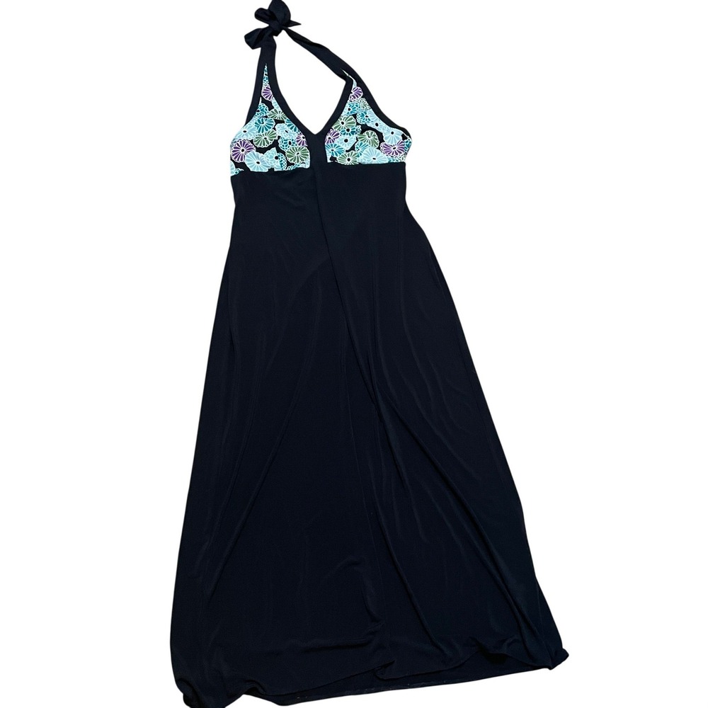 INC International‎ Concepts VTG Women's L Black Floral Halter Maxi Dress Stretch